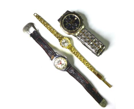 A vintage Timex Hopalong Cassidy wristwatch, on black leather and red stitched strap, together with an Accurist chronograph W