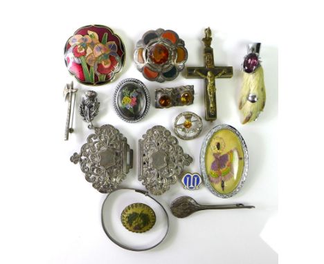 A group of antique jewellery, including an enamelled Art Nouveau brooch, a pair of foliate buckles, a christening bangle with