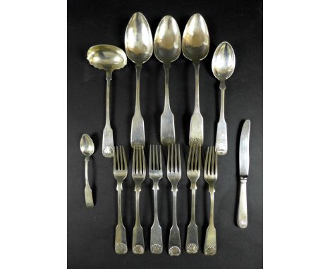 Nine pieces of Danish silver flatware, all with shell terminals, comprising five table forks, a ladle and a teaspoon Christia