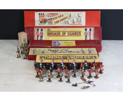 Five Boxed Mid 20th C onwards metal soldier figure sets to include Britains Drums &amp; Bugles of the Line no. 30 (incomplete