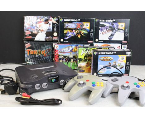 Retro Gaming - Nintendo N64 console with 2 x controllers plus 9 x boxed games to include Turok 2, 1080 Snowboarding, F1 World