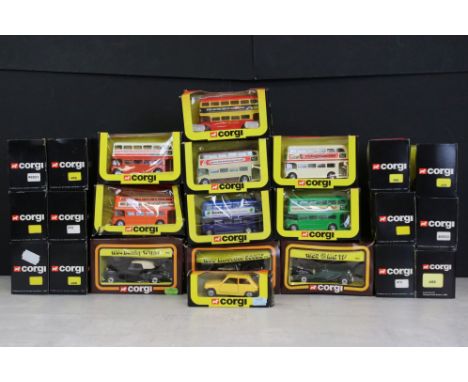 Group of 19 boxed diecast Corgi bus models, to include several different Routemaster 469 examples, 480, 488 etc, together wit