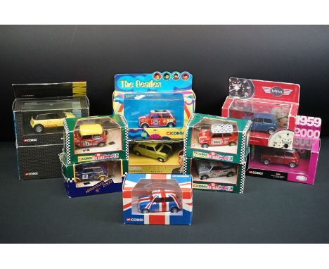 11 Boxed Corgi diecast Mini models to include 04440 The Beatles Psychedelic Mini, 96011 Mr Bean's Mini, 3 x Mini Mania (04429