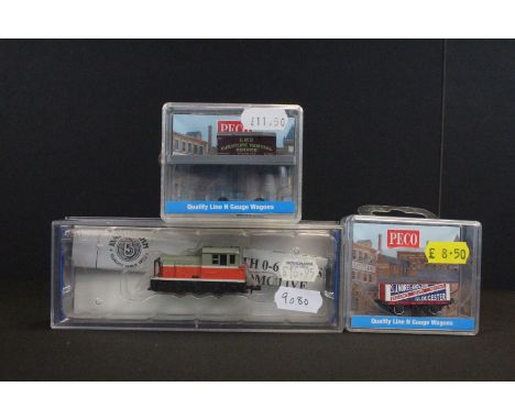 Cased Bachmann N gauge 60090 MDT Plymouth Diesel Locomotive Industrial red with yellow stripes plus 2 x cased Peco N gauge it