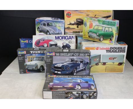 11 Boxed &amp; unbuilt plastic model kits to include 4 x Revell (1:144 04257 Concorde, 1:24 07193 '66 Shelby GT 350 R, 1:24 0