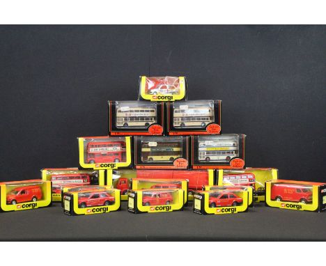 13 Boxed Corgi diecast models to include 618 1109 Royal Mail Mercedes, 2 x 1365 Bus &amp; Taxi sets (one damaged box window),