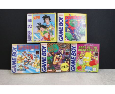 Retro Gaming - Five boxed Game Boy games to include The Simpsons Bart v The Juggernauts, Super Mario Land, Taz Mania, and Pin