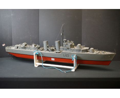 Wooden scale model of British Destroyer HMS Cossack L 03, on display plinth, approx. length 143cm 