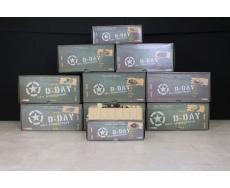 Ten Boxed Corgi D-Day 60th Anniversary 1:50 diecast models to include CC60603 Cruiser Tank Mk VIII, CC60108 Churchill Mk III,