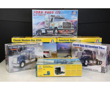 Six Boxed &amp; unbuilt plastic model kits to include 4 x 1:24 Italeri (3820 American Superliner, 3915 Classic Western Star 4