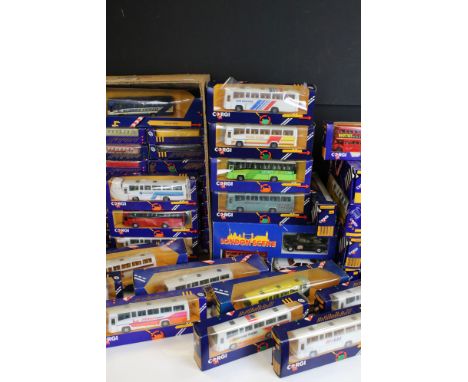 45 Boxed Corgi diecast model buses and coaches to include London Scene C1 Set, diecast ex, boxes gd-vg overall (two boxes) 