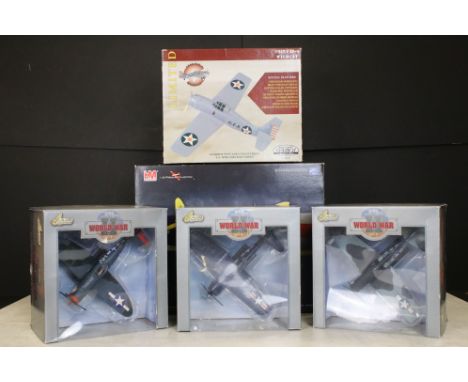 Five boxed diecast model aircraft to include 3 x Air Legends 1/48 (99028 F4U Bird Cage Corsair, 99038 F6F-5N Night Hellcat &a