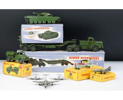 Two boxed Dinky Supertoys military diecast models to include 660 Tank Transporter and 651 Ceturion Tank plus a boxed Dinky Ar