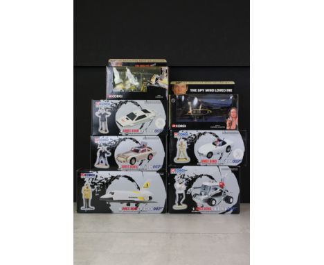 Seven Boxed Corgi Classics 007 James Bond diecast models to include 5 x James Bond Collection 007 special edn vehicle and fig