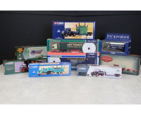 Nine Boxed Corgi diecast model trucks to include 2 x 1:50 ltd edn (75406 Ken Thomas Ltd, 75803 Gallacher Bros.), 2 x Eddie St