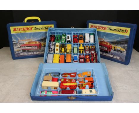 Three Matchbox Superfast collector's carrying cases containing 132 mid 20th C onwards play worn diecast models within trays, 