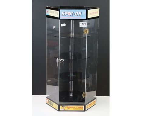 Customised glazed diecast model display case of 4 revolving shelves with later applied Dinky, Corgi &amp; Triang Spot On imag