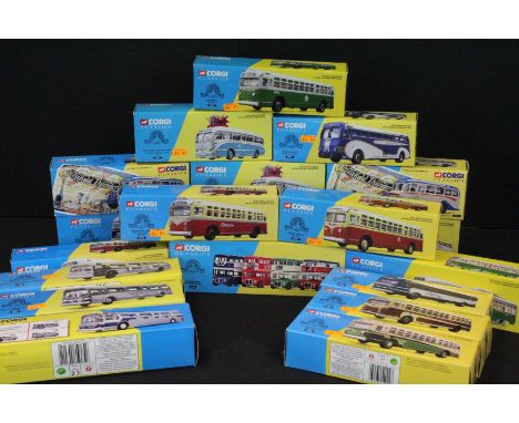 20 Boxed Corgi Classic diecast model bus and coach models to include 2 x 33801, 35201, 54602, 2 x 34101 etc, diecast ex, boxe