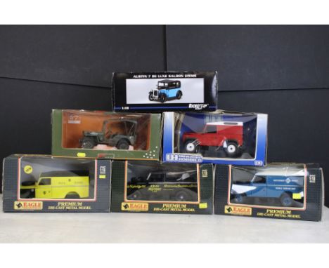 Six Boxed diecast models to include 3 x Eagle Collectibles by Universal Hobbies 1/18 scale (442000 Land Rover Serie II Road P