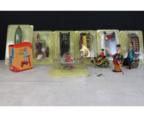 Seven Cased Paya tinplate clockwork toys with keys to include Zeppelin airship, taxi, seaplane, omnibus, tram, motorcycle &am