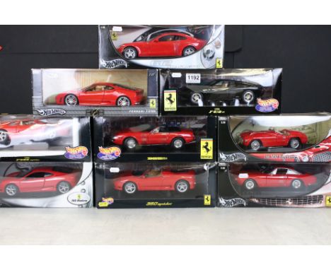 Eight boxed 1/18 Mattel Hot Wheels Ferrari related diecast models, to include 23922 F512M 1994, 25730 365GTS/4, 27774 360 Spi