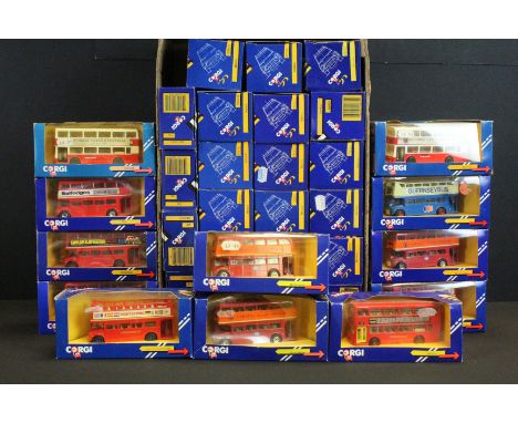 34 Boxed Corgi diecast models to include various buses, features many Metrobus variants (1 x code 2), diecast ex. boxes gd-vg