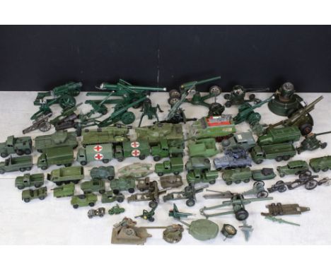 Over 35 Mid 20th C onwards play worn military related diecast models to include Dinky, Corgi, Budgie, Astra, etc, featuring D