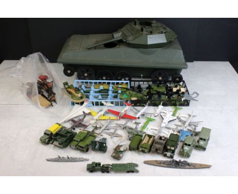 Over 50 mid 20th C onwards play worn diecast models, mostly military-related, to include Dinky, Britains, Corgi, Benbros, Hus