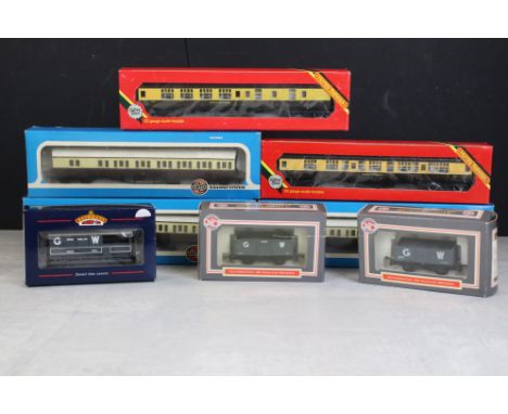 Eight boxed OO gauge items of rolling stock to include 3 x Airfix 54250-0 Class B Suburban Brake Coach GWR livery, 2 x Hornby