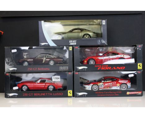 Five boxed 1/18 Mattel Hot Wheels Elite diecast models to include 250 GT Berlinetta Lusso, P9915 Ferrari 575 GTZ Zagato (box 