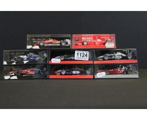 Eight cased Paul's Model Art Minichamps 1:43 diecast racing car models to include 3 x McLaren Collection (530 004301 M. Hakki