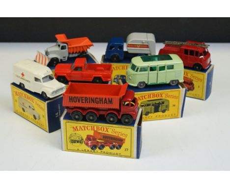 Seven boxed Matchbox Lesney diecast models to include 14 Lomas Ambulance, 15 Refuse Truck, 9 Fire Truck, 34 Volkswagen Campin