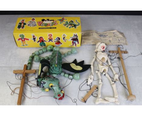 Boxed Pelham Puppets Mother Dragon puppet plus a Pelham Puppet Skeleton, puppets in a gd condition with some string tangle/we