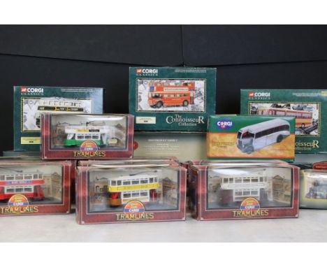 17 Boxed Corgi diecast models to include 8 x Corgi Tramlines (D992/7, D992/8, C990/1, etc), 4 x Vintage Glory of Steam (80302