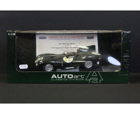 Autograph - Boxed 1/18 Auto Art 73561 Jaguar D-Type Short Nose green Le Mans 1954 diecast model signed by Stirling Moss with 