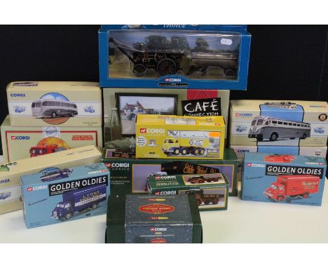 13 Boxed Corgi Classics diecast models to include 2 x Vintage Buses USA (98465, 98467), 2 x Classic Commercials from Corgi (9