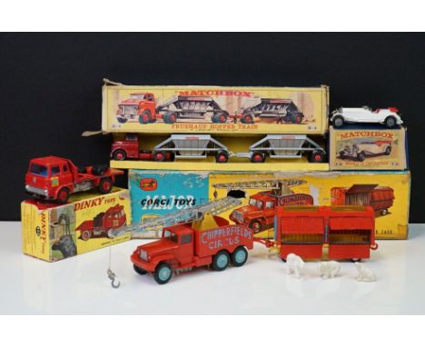 Four boxed diecast models to include Corgi Major Gift Set No 12 Chipperfield's CVircus Crane Truck and Cage, Dinky 425 Bedfor