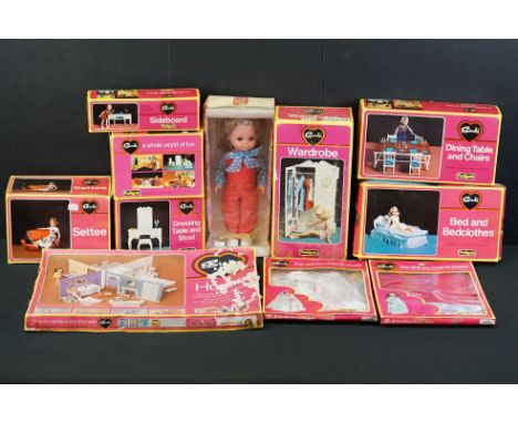 Nine boxed Pedigree Sindy accessories to include Wardrobe, Bedside Table and Lamp, Home (damage ot box),Dressing Table and St