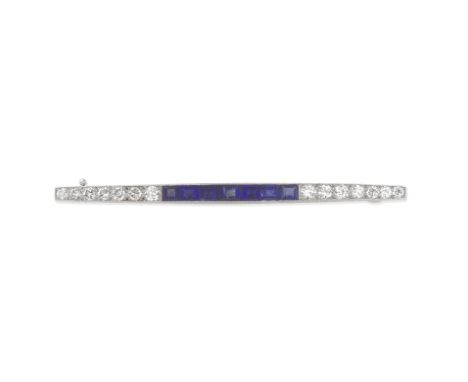 SAPPHIRE AND DIAMOND BAR BROOCH, CIRCA 1930Set with step-cut sapphires and brilliant-cut diamonds, fitted case by The Goldsmi