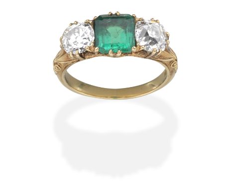 EMERALD AND DIAMOND RINGThe square step-cut emerald between old cushion-shaped diamond set shoulders, emerald approx. 1.30cts