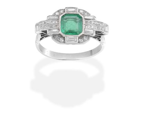 EMERALD AND DIAMOND RINGThe step-cut emerald within a single and baguette-cut diamond surround, ring size approx. LFor furthe