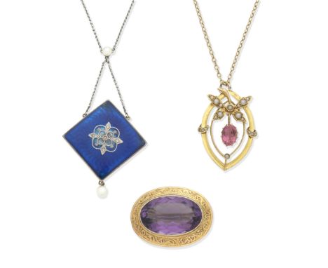 COLLECTION OF ENAMEL AND GEM-SET JEWELLERY, CIRCA 19001st: The pendant necklace set with an oval-cut topaz and seed pearls, 2