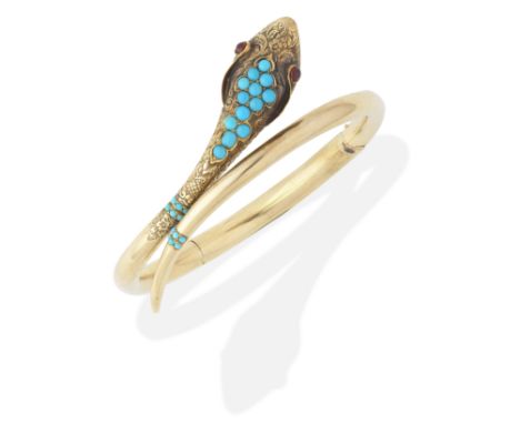 TURQUOISE-SET SNAKE BANGLE, 19TH CENTURYDesigned as a serpent, the hinged and sprung gold bangle with engraved head set with 