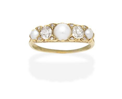 PEARL AND DIAMOND RING, CIRCA 1900Set with half pearls, measuring approx. 3.8-6.1mm, cushion-shaped and rose-cut diamonds, di