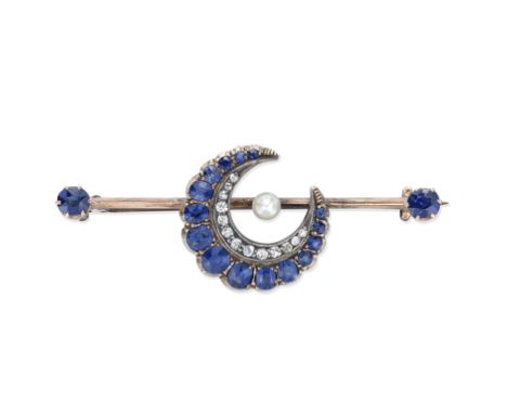 SAPPHIRE AND DIAMOND CRESCENT BROOCH, CIRCA 1900Cushion-shaped sapphires and diamonds, and a button pearl, pearl untested, le