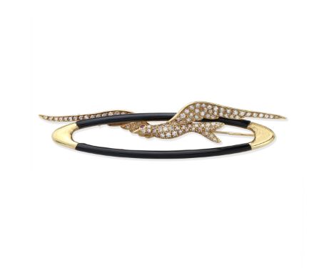 CARRERA Y CARRERA: DIAMOND AND ENAMEL BIRD BROOCHDecorated with black enamel and brilliant-cut diamonds with a ruby eye, sign