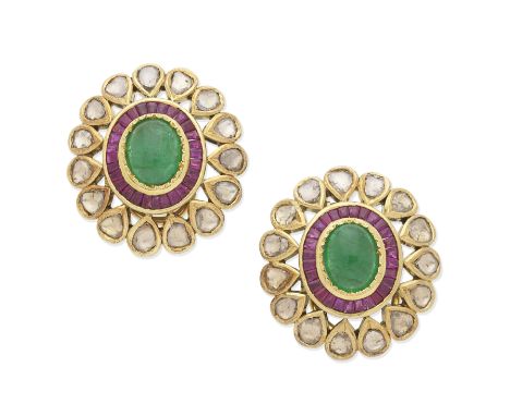 RUBY, EMERALD AND DIAMOND EARRINGSEach set with an oval cabochon emerald, calibré-cut rubies, and rose-cut diamonds in foiled