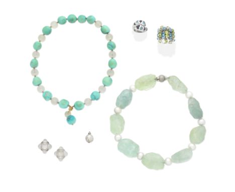 COLLECTION OF GEM-SET JEWELLERY1st: The aquamarine bead and 12.0mm cultured pearl necklace, 2nd: The blue stone and frosted r