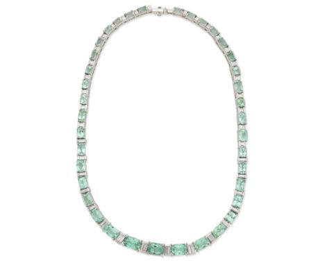 TOURMALINE AND DIAMOND NECKLACECushion-shaped blue/green tourmalines, baguette and step-cut diamonds, diamonds approx. 3.50ct