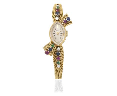 BLANCPAIN: DIAMOND AND GEM-SET DRESS WATCH, CIRCA 1955The watch with brilliant-cut diamond and multi gem-set bracelet, length